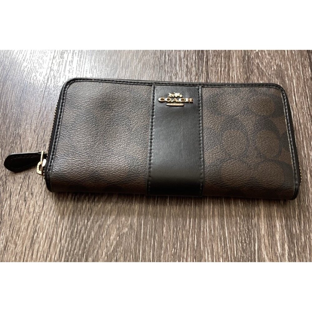Coach Long Zip Around Wallet In Signature Canvas Brown Black Gold Tone Hardware - Picture 2 of 16